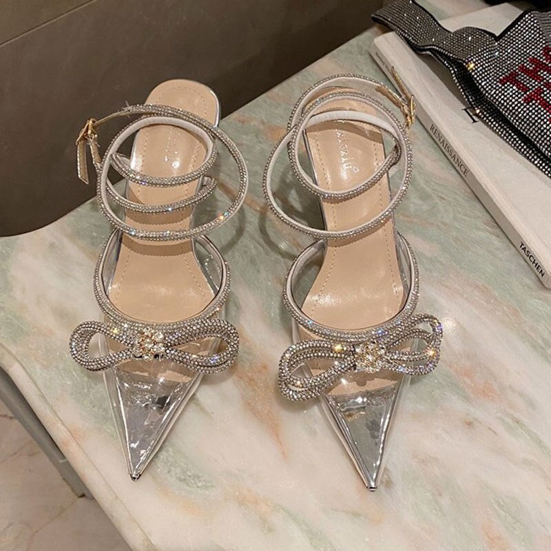 Purpdrank - Black/White Glitter Rhinestone Women Pumps Crystal Bowknot Summer Ladies Sandals Shoes 7CM High Heels Party Prom Wedding Shoes