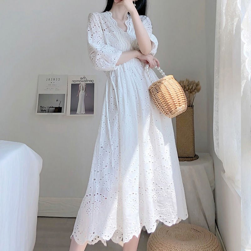 Purpdrank - 2023 Summer Women White Embroidery Dress Vacation Holiday Dresses White Lace Vintage Tunic Beach Dress