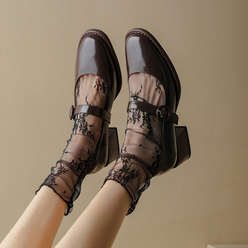 Purpdrank - New Split Leather Mary Jane Women's Shoes  Buckle Shallow Heel Pumps Spring/Autumn Square Toe Shoes Woman Zapatos De Mujer