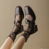 Purpdrank - New Split Leather Mary Jane Women's Shoes  Buckle Shallow Heel Pumps Spring/Autumn Square Toe Shoes Woman Zapatos De Mujer