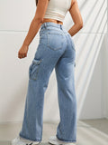 High-Waisted Y2K Kpop-Inspired Denim Cargo Jeans - Side Flap Pockets, Light Wash, Casual Slash Pockets, Comfortable Fabric, Stylish Design, Women's Fashionable Clothing for Everyday Wear