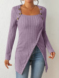 Purpdrank Chic Ribbed Long Sleeve Top with Unique Button Accent - Asymmetrical Hem - Perfect for Womens Spring & Fall Fashion
