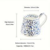 Purpdrank  1pc 20.29oz Hand-Painted Blue and White Floral Ceramic Mug, Round Insulated Coffee Cup, Reusable for Daily Use, Perfect for Christmas, Halloween, Easter, Hanukkah, Thanksgiving Gifts
