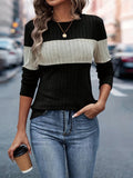 Cozy Ribbed Crew Neck Sweater - Soft, Long Sleeve, Casual, Colorblock Design, Women's Fashion Clothing for Everyday Wear