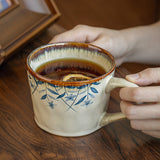 Purpdrank  1pc Retro Elegant Ceramic Mug with Blue Floral Pattern - White with Orange Rim, Perfect for Coffee or Tea, Office or Home Use, Hand Wash Only, Coffee Bar Accessories