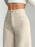 Purpdrank  Women's High-Waisted Wide-Leg Pants - Corduroy-Textured Casual Trousers with Relaxed Fit, Side Pockets & All-Season Comfort, Machine Washable Beige Trousers for Women
