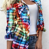 Purpdrank Vibrant Plaid Chic Shirt - Long Sleeve, Button Front, Collar, Relaxed Fit, Casual Wear, Women's Fashion Clothing