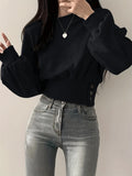 Purpdrank Womens Soft Y2K Knit Sweater with Button Accent - Trendy Crew Neck, Long Sleeve for Fall & Winter Chic