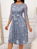 Contrast Lace Three-quarter Sleeve Dress, Elegant Crew Neck Belted Dress For Spring & Fall, Women's Clothing