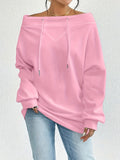 Purpdrank Solid Color Off-Shoulder Pullover Sweatshirt - 1pc Women's Casual Loose Fit - Polyester Knit Fabric with Slight Stretch, Drawstring Detail for Spring/Fall