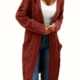 Purpdrank Plus Size Casual Cardigan, Women's Plus Solid Cable Long Sleeve Open Front Hooded Cardigan With Pockets
