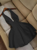 Purpdrank  Women's Elegant Black Evening dress - Formal Party, A-Line Silhouette with Deep V-Neck & Back, Semi-Sheer Hanging neckline, Machine Washable Formal/Party/Date Night Outfit - Sexy Party Dress