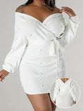Beaded Bodycon Dress, Casual Long Sleeve Solid Off Shoulder Dress, Women's Clothing