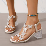 Purpdrank Women's Butterfly Clear Chunky Heels, Square Open Toe Elastic Strap Mid Heels, Stylish Slip On Slingback Sandals