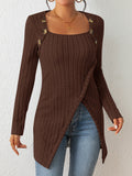 Purpdrank Chic Ribbed Long Sleeve Top with Unique Button Accent - Asymmetrical Hem - Perfect for Womens Spring & Fall Fashion
