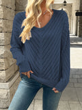 Women's Elegant Long Sleeve V-Neck Knitted Sweater - Solid Color, Regular Fit, Pullover Style with Hollow-Out Detail in Polyester for Spring/Fall