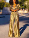 Purpdrank - High Waisted Three-Quarter Sleeves Shiny Solid Color Deep V-Neck Jumpsuits Bottoms