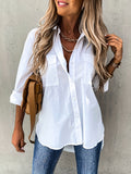 Purpdrank Womens Long Sleeve Lapel Collar Shirt - Soft Micro Elastic Polyester Fabric, Semi-Sheer, Pocket Detail, All-Season Casual Wear for Office and Daily Life
