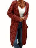 Purpdrank Plus Size Casual Cardigan, Women's Plus Solid Cable Long Sleeve Open Front Hooded Cardigan With Pockets
