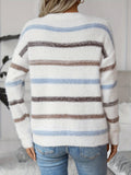 Striped Drop Shoulder Crew Neck Sweater, Elegant Long Sleeve Sweater For Fall & Winter, Women's Clothing