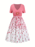 Vibrant Floral Print V-Neck A-Line Dress - Casual, Short Sleeve, Heart-Shaped High Waist, Flattering Fit, Spring & Summer Essential, Women's Clothing