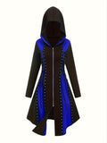 Vintage-Inspired Peplum Hooded Dress - Color Block, Micro Elasticity, Long Sleeve, Polyester, Solid Color, No Printing, Spring/Fall Wear - Womens Gothic Bandage Dress for Adult