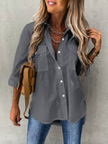 Purpdrank Womens Long Sleeve Lapel Collar Shirt - Soft Micro Elastic Polyester Fabric, Semi-Sheer, Pocket Detail, All-Season Casual Wear for Office and Daily Life