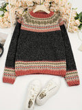 100% Polyester Knit Fabric Women's Casual Bohemian Fluffy Long Sleeve Crew Neck Thickened Pullover Sweater for Fall/Winter, Solid Color Jumper