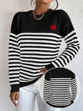 Cozy Heart & Striped Knitted Pullover Sweater - Women's Casual Crew Neck Long Sleeve Top for Fall & Winter - Soft, Warm, and Comfortable Clothing for Everyday Wear