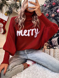 Merry Christmas Batwing Sweater - Pullovers with Elegant Turtle Neck, Long Sleeve, Fall and Winter Women's Clothing with Festive Pattern