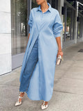 Long Sleeve For Spring & Fall, Casual Longline Button Front Shirt, Women's Clothing