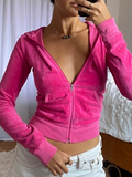 Purpdrank - Aesthetics Pink Velour Sets Slim Y2K Streetwear Zip Up Hoodie and Drawstring Low Waist Pants Co-ord Suits Women