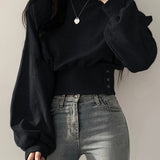 Purpdrank Womens Soft Y2K Knit Sweater with Button Accent - Trendy Crew Neck, Long Sleeve for Fall & Winter Chic
