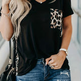 Purpdrank [Summer V Neck Short Sleeve Tee] Leopard Print Contrast T-shirt, Casual V Neck Short Sleeve Summer T-shirt, Women's Clothing