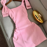 Purpdrank  Women'S Y2K Pink Bow-Decorated Square Neck Slim Fit Dress - Stretchy Polyester-Spandex Blend, Machine Washable, Spring/Fall Casual & Formal Wear