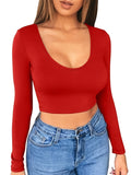 Basic Skinny Stretchy Crop T-shirt, Long Sleeve V Neck Solid T-Shirt, Casual Every Day Tops, Women's Clothing