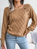 Chic Casual Women's Pullover Sweater - Round Neck, Lantern Sleeves, Textured Buttons, Perfect for Spring/Fall