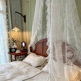 Purpdrank  White Lace Bed Canopy, Dreamy and Romantic Bedroom Decor with Metallic Leaf Crown Stand, Exquisite Bridal Chamber Decoration for Brides