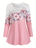 Floral Print Cross V Neck T-Shirt, Casual Long Sleeve Top For Spring & Fall, Women's Clothing