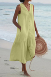Casual Solid Buckle V Neck Cake Skirt Dresses