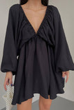 Sexy Simplicity Solid Flounce Fold V Neck Long Sleeve Dresses