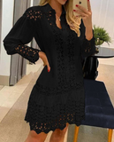 Purpdrank - Autumn Elegant Embroidered Patchwork Hollow Dress Women Fashion Long Sleeve Lapel Mini Dresses Ladies Casual Loose Button Dress