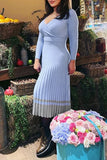 Elegant Striped Patchwork V Neck Pleated Dresses