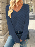 Women's Elegant Long Sleeve V-Neck Knitted Sweater - Solid Color, Regular Fit, Pullover Style with Hollow-Out Detail in Polyester for Spring/Fall