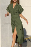 Purpdrank - Casual Solid Buckle Turn-back Collar Shirt Dress Dresses