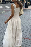 Purpdrank - Sexy Vacation Solid Buckle Fold Square Collar Waist Skirt Dresses