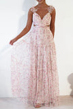 Purpdrank - Elegant Print Flowers Patchwork Frenulum V Neck Princess Dresses