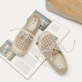 Purpdrank  Handmade Custom Artistic And Linen Style Shoes with a Fresh Checkered Design, Casual Lace-Up Flats for Women, New Craftsmanship Quality Student Shoes F09.