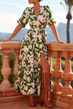 College Floral Bandage Slit V Neck A Line Dresses(3 Colors)