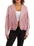 Purpdrank Long Sleeve Solid Color Open Front Coat - Women's Collared Jacket with Tassels - Black, Coffee, Pink